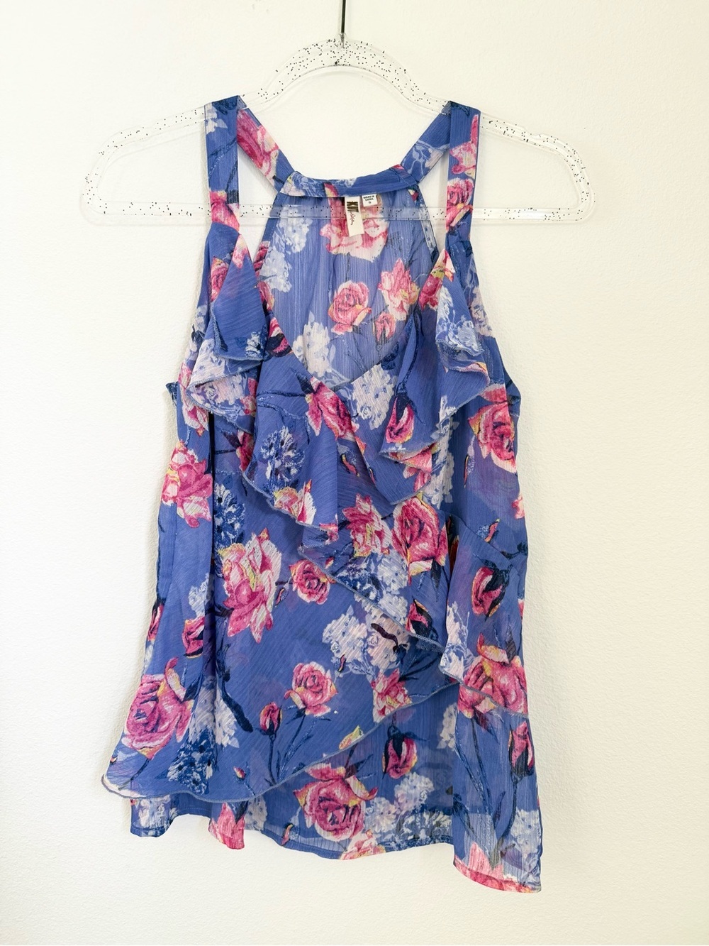 Kut from the Kloth Women's Blouse Small Blue Floral Ruffle Sheer V Neck Tank Top